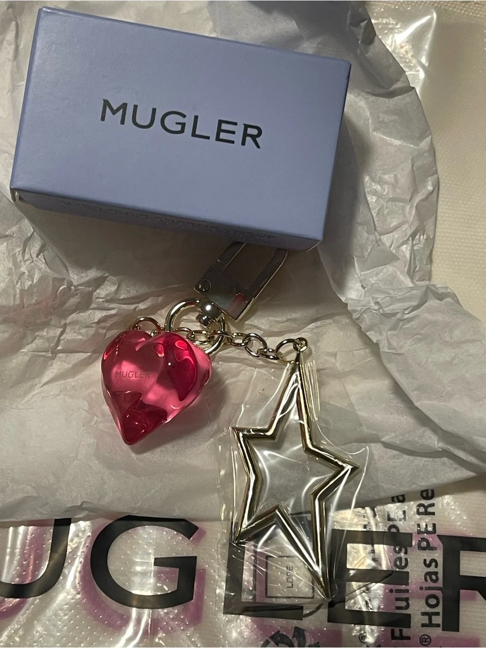 Mugler pink heart & silver star key charm